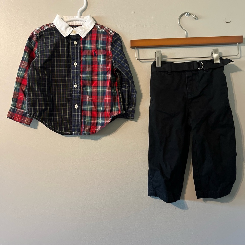 Boys Polo Ralph Lauren Pant And Long Sleeve Button Up Shirt Set Plaid 18 Months